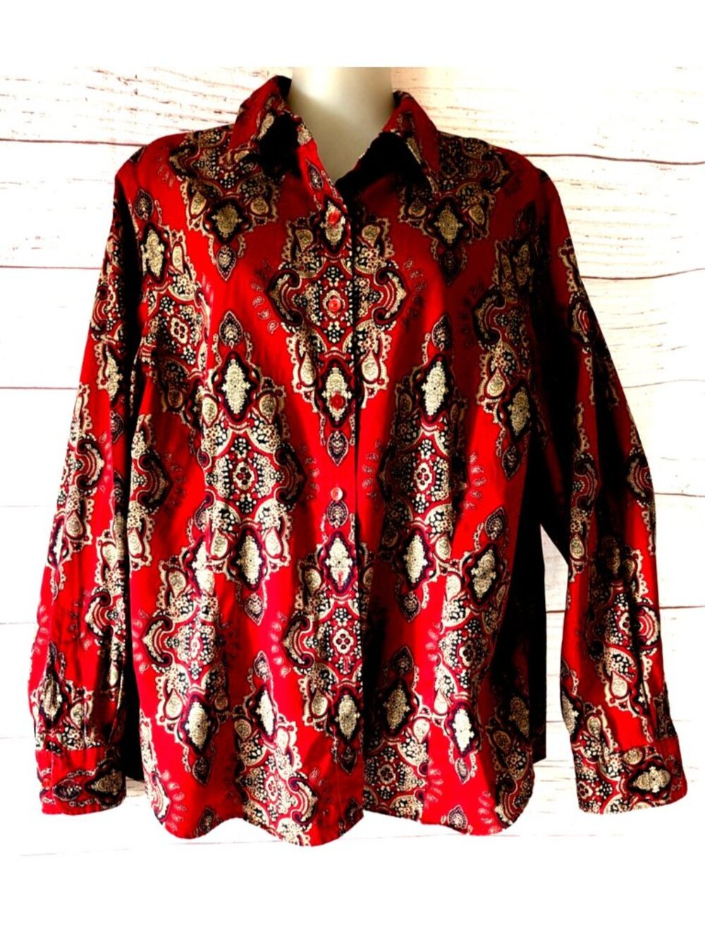 Jones New York Women's Shirt Red Paisley Cotton Long Sleeve Button Up Size 2X